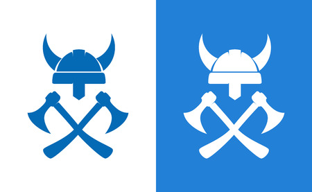 Sign of Vikings Equipment. Crossed Axes and Helm isolated on white and blue background.の写真素材