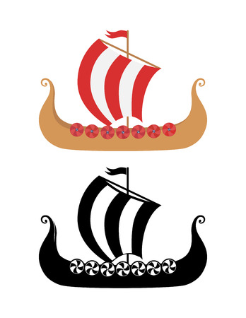 Drakkar - Vikings Ship in Nordic Sea. Wooden Warships of Scandinavian Ancient Warriors. Vector Illustration of boat and silhouetter image isolated on white background.のイラスト素材
