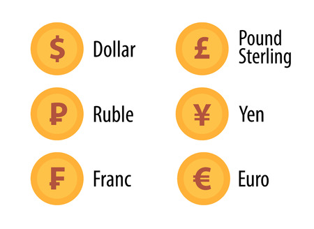 Icon Set of Currency token gold color in flat style. Vector illustration of coins with sign isolated on white.のイラスト素材