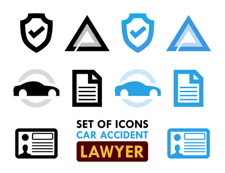 Set of Icons for Car Accident Lawyer, Vector Illustrations in Black and Blue colors isolated on white background.のイラスト素材