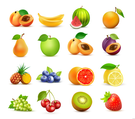 Vector icon set of Fruits isolated on white background. Design elements - Realistic fresh food collection in colorful style.のイラスト素材