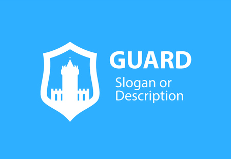 Blazon emblem with Shield and Stronghold castle - Vector respectable logotype emblem for business flat style. White medieval tower fortress isolated on white background.のイラスト素材