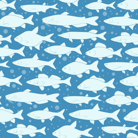 Vector silhouettes of fishes, background with seamless patternのイラスト素材