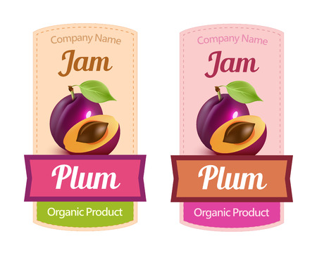 Plum Jam illustration, vector sticker emblem in different colors. Ripe fruit image on syrup or wine label.のイラスト素材