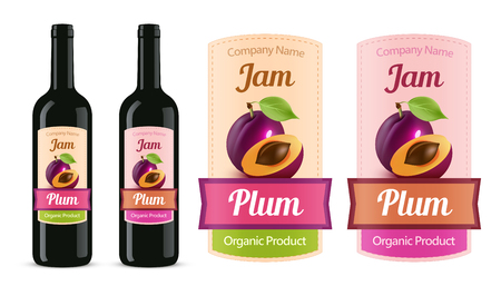 Vector Plum Jam sticker label isolated on white and trying on a bottle. A great option for home and batch production of wine and fruit jam.のイラスト素材