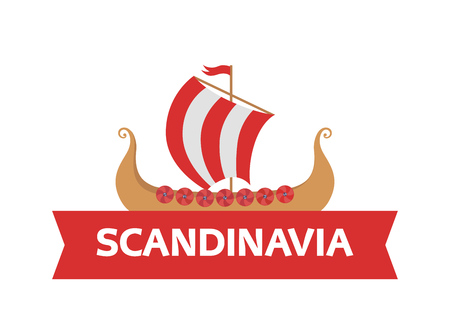 Flat logo emblem with Scandinavian drakkar - Vikings Ship and caption. War Boat of ancient norse warriors.のイラスト素材
