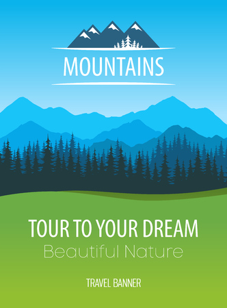 Mountains Nature, vector Travel Poster - Design of scenic colorful nature of Alps with copy area at header with logo and bottom of Placard layout with caption and descriptions.のイラスト素材