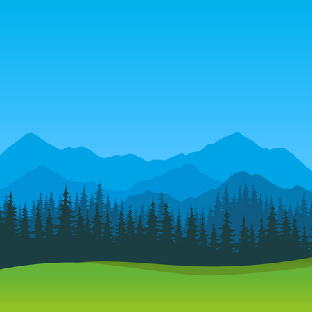 Vector Summer Landscape with clear blue sky. Scenic outdoor view, Silhouettes of Mountains and Forest.のイラスト素材