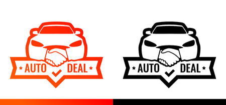 Logo for Dealership. Car front with Handshake symbol illustrating deal of Auto Sale. Vector emblem isolated on white background.のイラスト素材