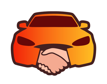 Colorful Print, element design for Logo of Dealership. Front view of Car with Handshakes. Orange colorful emblem on white background for Stickers, Logotype, Prints and Social media using.のイラスト素材