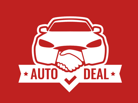 Auto Deal - Logo for car Dealership. Front view of Car with Handshakes - Creative Emblem, Badge, Sticker, Header on red color.のイラスト素材