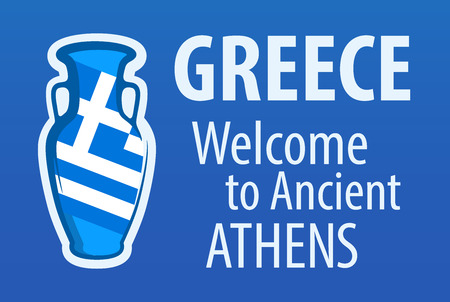 Greece, Welcome to Ancient Athens, Blue invitation banner with Traditional Wine Amphora and National Flag of Greece.のイラスト素材