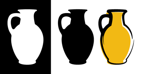 Vector amphora image in yellow color and silhouettes in white and black background isolated in flat style. Illustration of ancient greek clay urn.のイラスト素材
