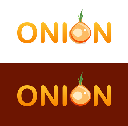 Vector creative Logotype design for trading onions vegetables. Character O included in Lettering of Onion logo. Emblem isolated on white and dark background.のイラスト素材
