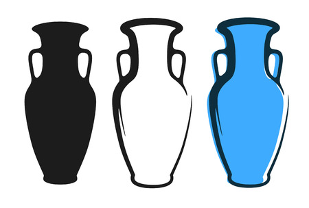 Vector amphora image in blue color and silhouettes in white and black background isolated in flat style. Illustration of ancient greek clay urn.のイラスト素材