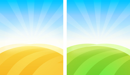 Colorful simple vector background of Fields in golden and green color. Illustration for decoration of agricultural events, poster, banner or article.のイラスト素材