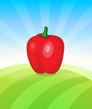 Banner template with Pepper - Vegetables trade poster. Ads Placard with copy space on top and bottom area. Symbol of ripe vegetable under blue sky. Colorful vector illustration.のイラスト素材