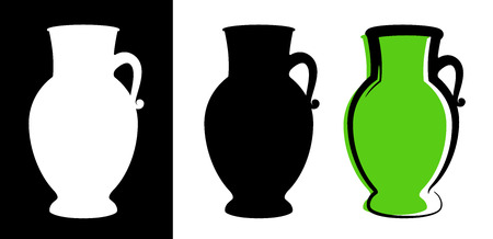Vector amphora image in green color and silhouettes in white and black background isolated in flat style. Illustration of ancient greek clay urn.のイラスト素材