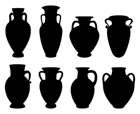 Vector Illustrations for wine production. Silhouettes of Greek Amphoras with copy space of earthenware ancient products from Greece.のイラスト素材