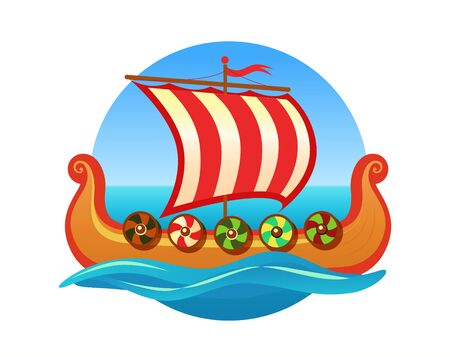 Vector emblem for Travel Agency in Scandinavia. Logo with Medieval Scandinavian longboat Drakkar. Excursions on the sea.のイラスト素材