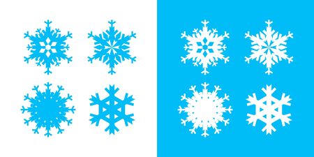 Snowflake icon set white and blue color. Christmas and winter theme. Simple flat graphic abstract illustration on white and blue background.のイラスト素材