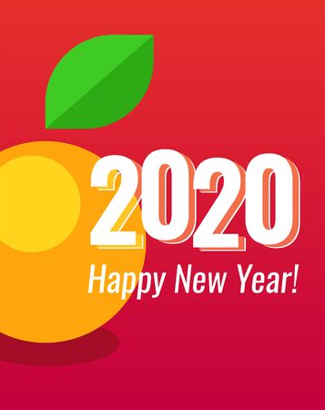 2020 Happy New Year Poster vertical orientation Red color with Mandarin - symbol of New Year. Vector Design of Placard or Greeting Card with copy space at top and bottom areas.のイラスト素材
