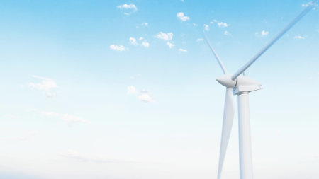 Wind power plant, Rotation turbine on the blue skyの写真素材