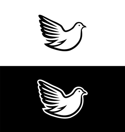 Dove vector emblem illustration isolated on white and black background. Symbol of Peace and Heaven. Beautiful design of White flying free bird.のイラスト素材