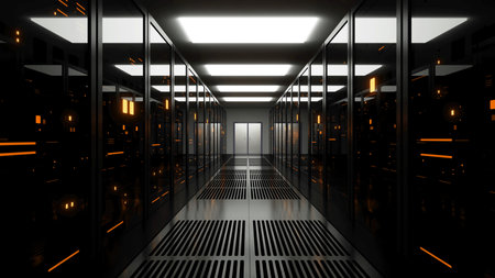 Server Room of data center with data storage servers, ISP, render farms behind glass panels with...