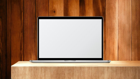 Laptop with blank screen on wooden shelf. 3D illustration.の写真素材
