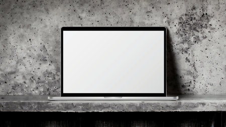 Laptop computer with blank screen on gray concrete wall background. Mock upの写真素材