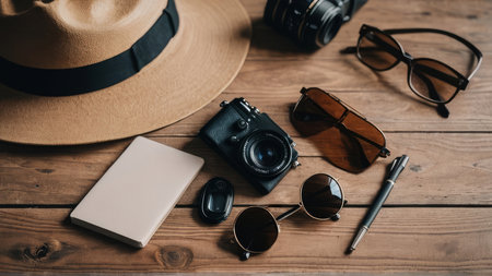 Accessories for travel on a wooden background. Hat, glasses, camera, pen, notebook.の写真素材