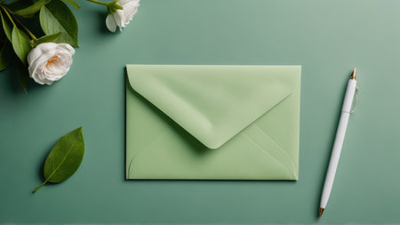 Top view of green envelope, white flowers and pen on green background