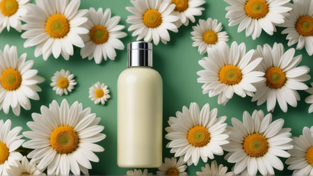 Cosmetic bottle and chamomile flowers on a green backgroundの写真素材