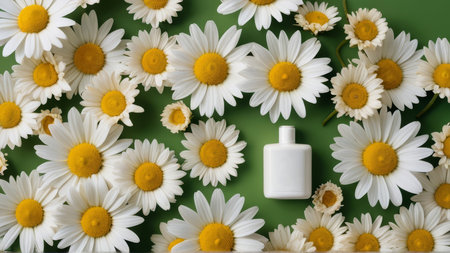 Cosmetic cream and chamomile flowers on a green backgroundの写真素材