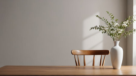 Wooden chair and vase with white flowers on the table. 3d renderingの写真素材
