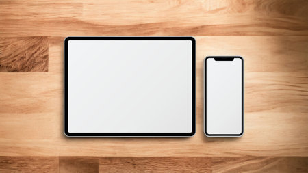Tablet and smartphone with blank screen on wooden background, top view