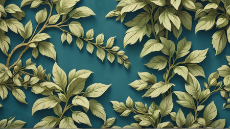 Green leaves on blue background. Vector illustration. Wallpaper, wrapping paper.の写真素材