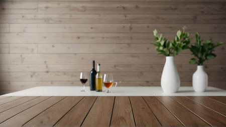 Empty wooden table and white vase with wine on wooden wall backgroundの写真素材