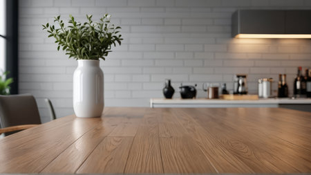 Wooden table in modern kitchen interior with plant. 3d rendering
