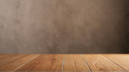 Wooden table top on grunge wall background. 3d render