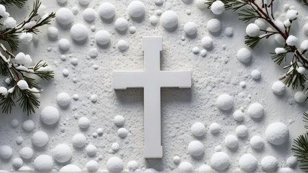 White christian cross on a white background with snow and pine branchesの写真素材