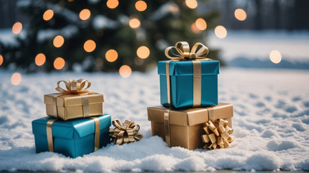 Gift boxes on snow with bokeh lights background. Christmas and New Year concept.の写真素材