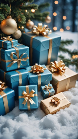 Christmas gift boxes with golden ribbons on snow with bokeh backgroundの写真素材