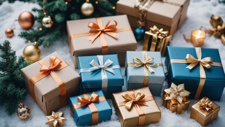 Christmas gift boxes and Christmas tree on snow background. Winter holidays concept.の写真素材