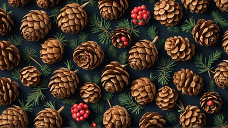 Christmas and New Year pattern with pine cones and rowan berries on dark blue background.