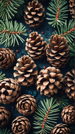 Christmas background with pine cones and fir branches on dark blue background.
