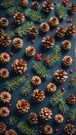 Christmas background with pine cones and viburnum berries on dark blue background