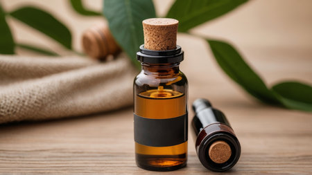 Aromatherapy essential oil in a small glass bottle with green leaves.の写真素材
