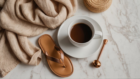 Cup of coffee and knitted plaid on white marble table